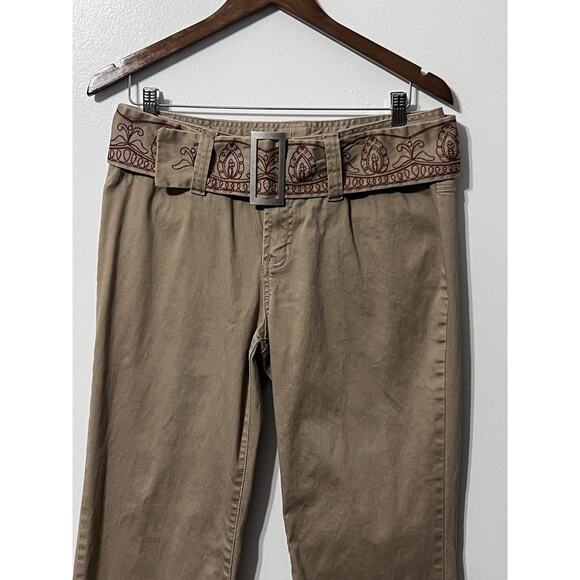 Y2K Ruff Hewn Womens Sz 10 Flare Khaki Pants Tan Embroidered Belt Hippie Boho - Picture 4 of 13